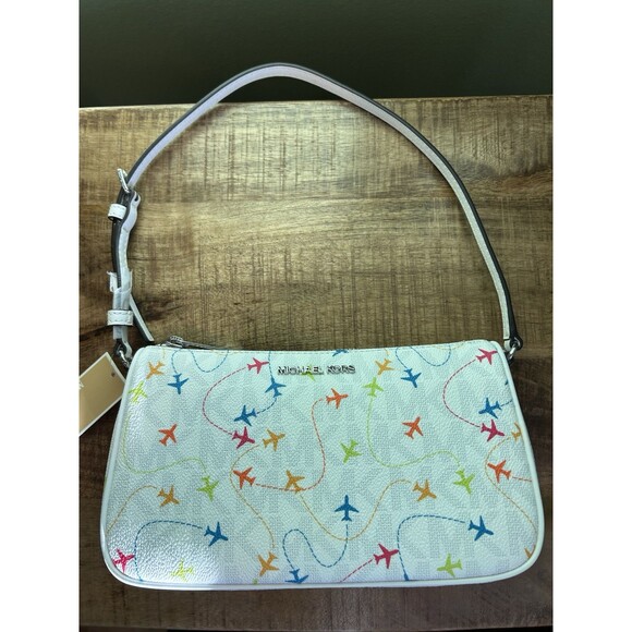NWT MICHAEL KORS JET SET WHITE EAST WEST AIRPLANE PRINT POUCHETTE BAG - Picture 2 of 7